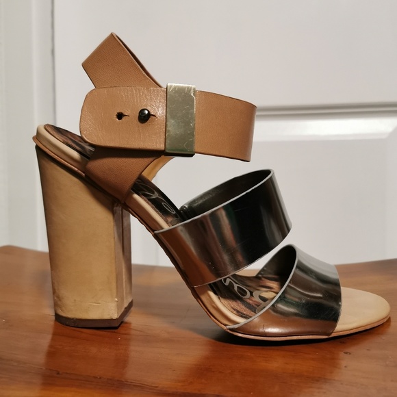 Sam Edelman Nude and Metallic Silver Chunky Heels - Picture 2 of 5
